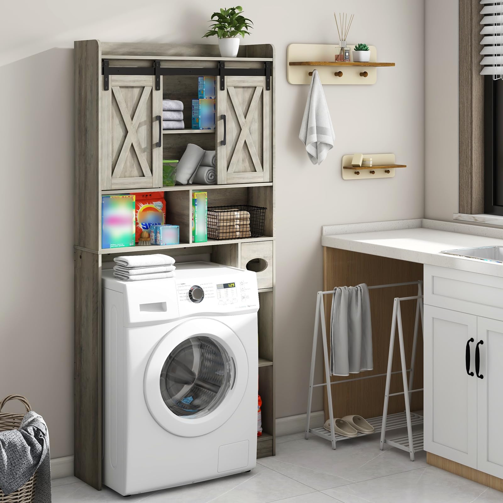 Vabches Over The Toilet Storage Cabinet, Farmhouse Storage Cabinet Over Toilet with Barn Door, Home Space-Saving Toilet Rack, for Bathroom, Restroom, Laundry（Black）.: Grey Sliding Doors