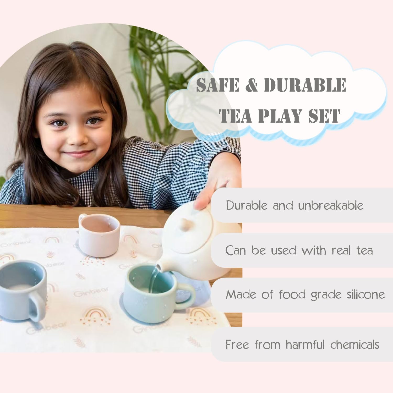Ginbear Silicone Real Tea Party Play Set with Washable Cloth Napkin for Toddlers & Kids 1-3, Non-Toxic Unbreakable Baby Kitchen Toys for Children 12 Months+ (Beige, Blue, Green, Rosy)