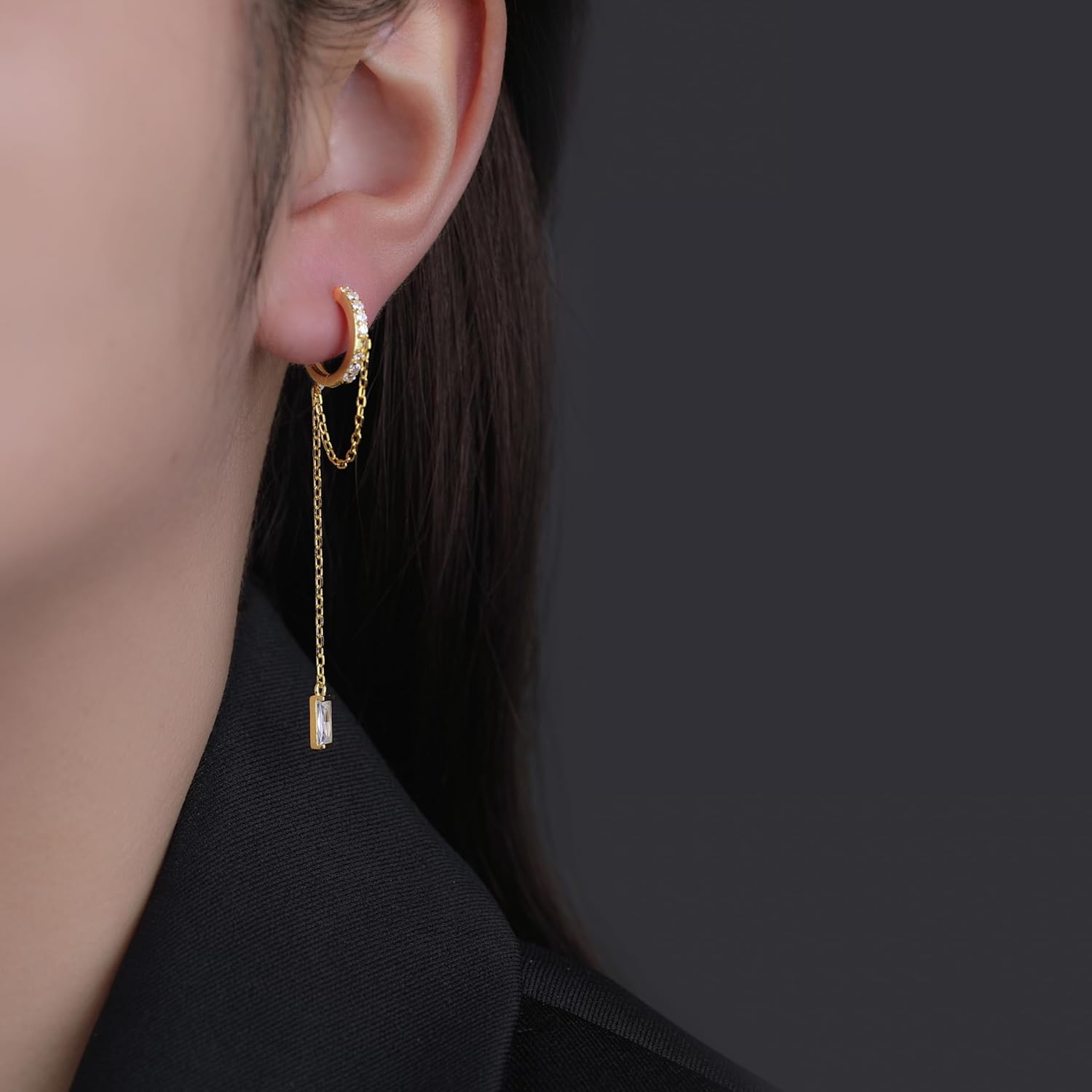 Reffeer 925 Sterling Silver CZ Chain Hoop Earrings Dangle for Women Teens Dangle Earrings Chain Drop Earrings Huggie - Image 2