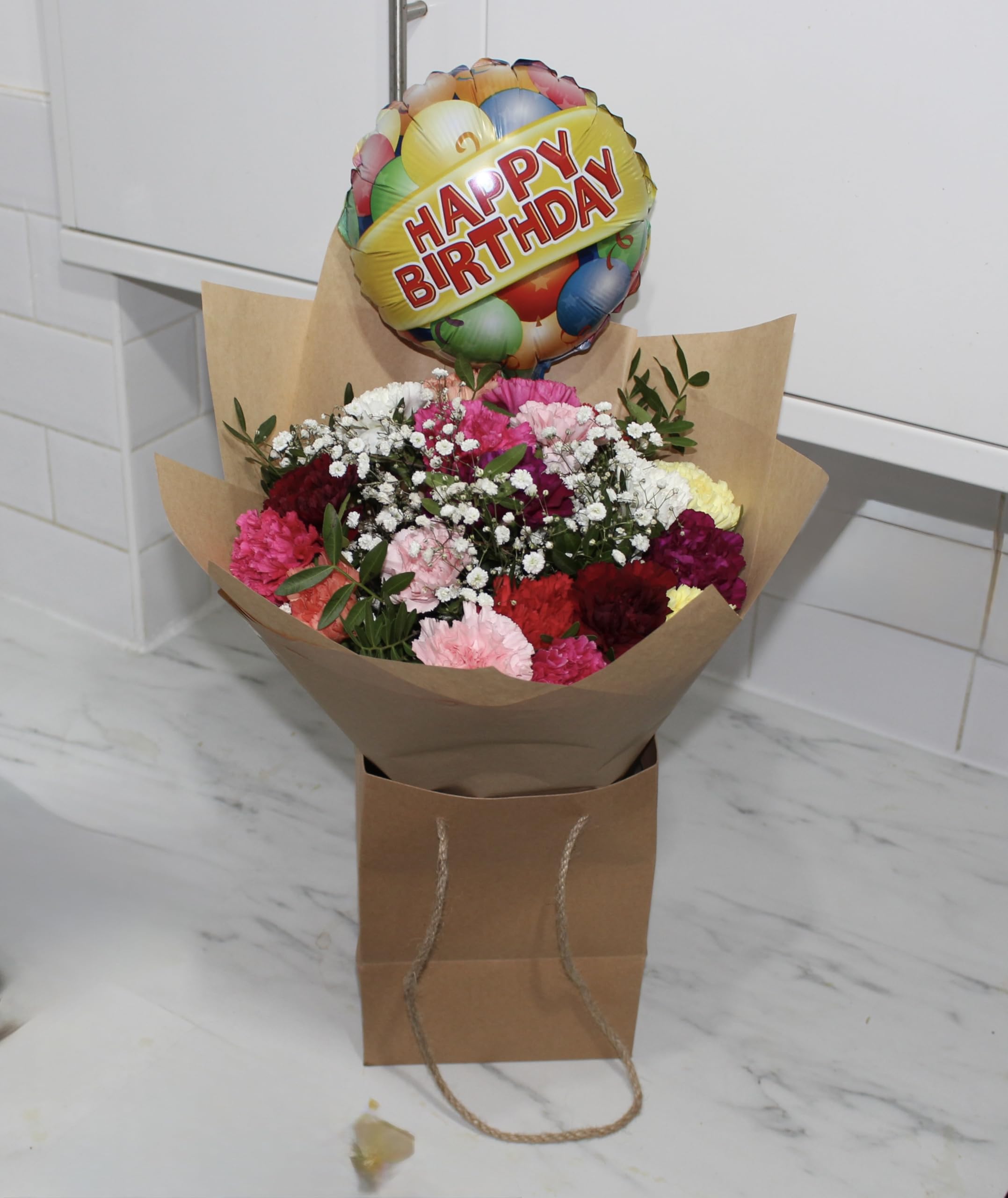 Sweet Celebration Bouquet Fresh Flowers - Carnation| Long Lasting & Pretty Bunch of Flowers | Wrapped | Handwritten Card | Ideal Birthday or Mothers Day Gift |celebrating. (Birthday balloon)