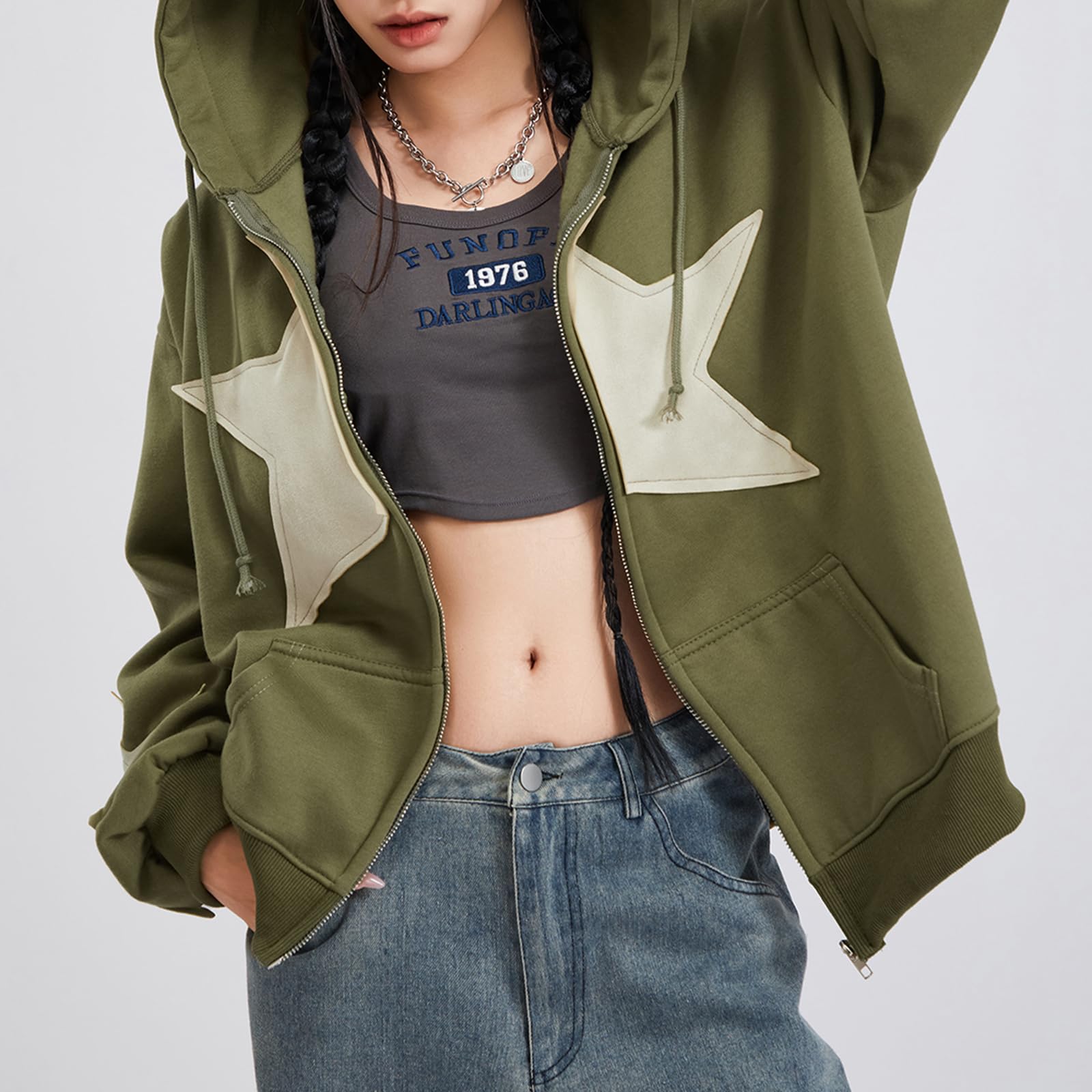 Damen Y2K Kapuzenpullover mit Reißverschluss, Sternenmuster, übergroße Sweatshirts, Fee, Grunge-Grafik, Kapuzenjacke, Harajuku, ästhetisch, E-Girls, Streetwear