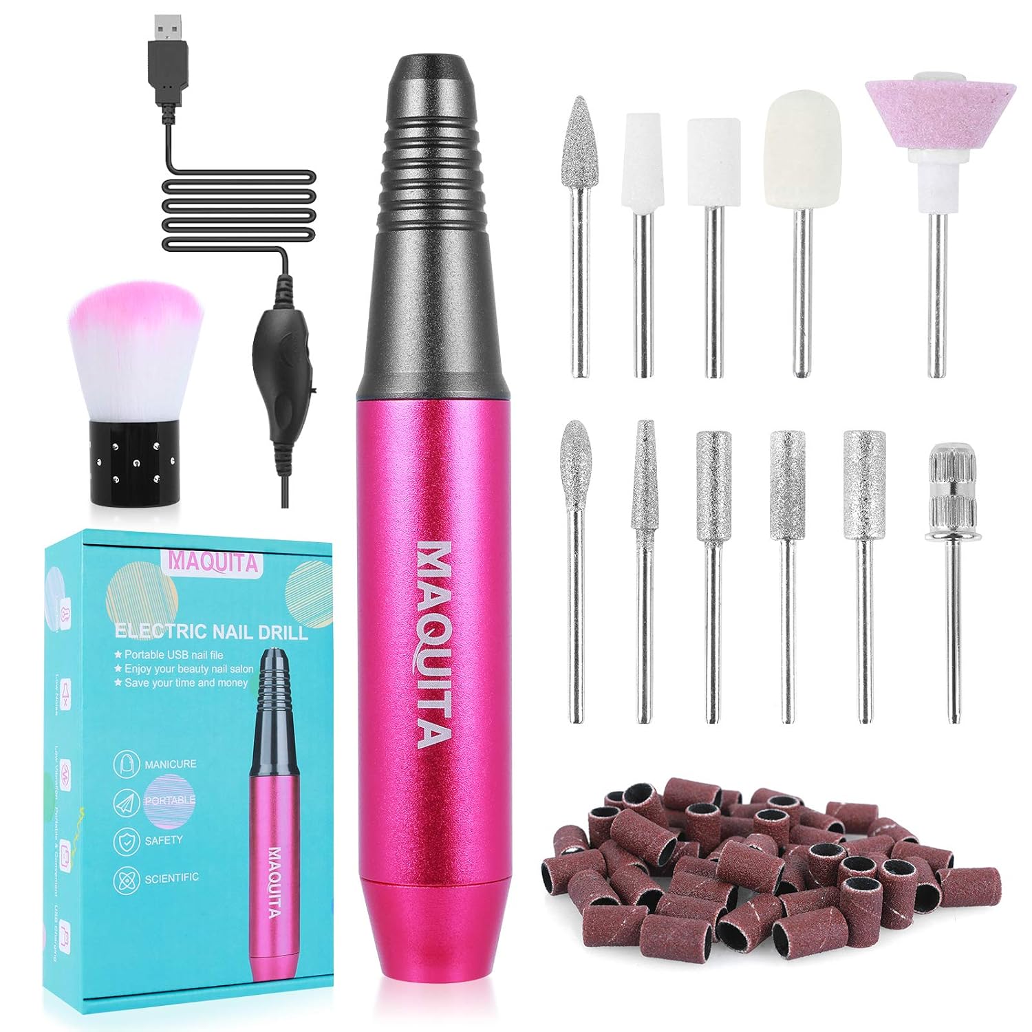 Portable Electric Nail Drill,MAQUITA Electrical Professional Nail File Kit and USB(2A Adapter) Manicure Pen Sander Polisher for Acrylic, Gel Nails,Efile Nail Drills Polishing Tools for Home Salon Use
