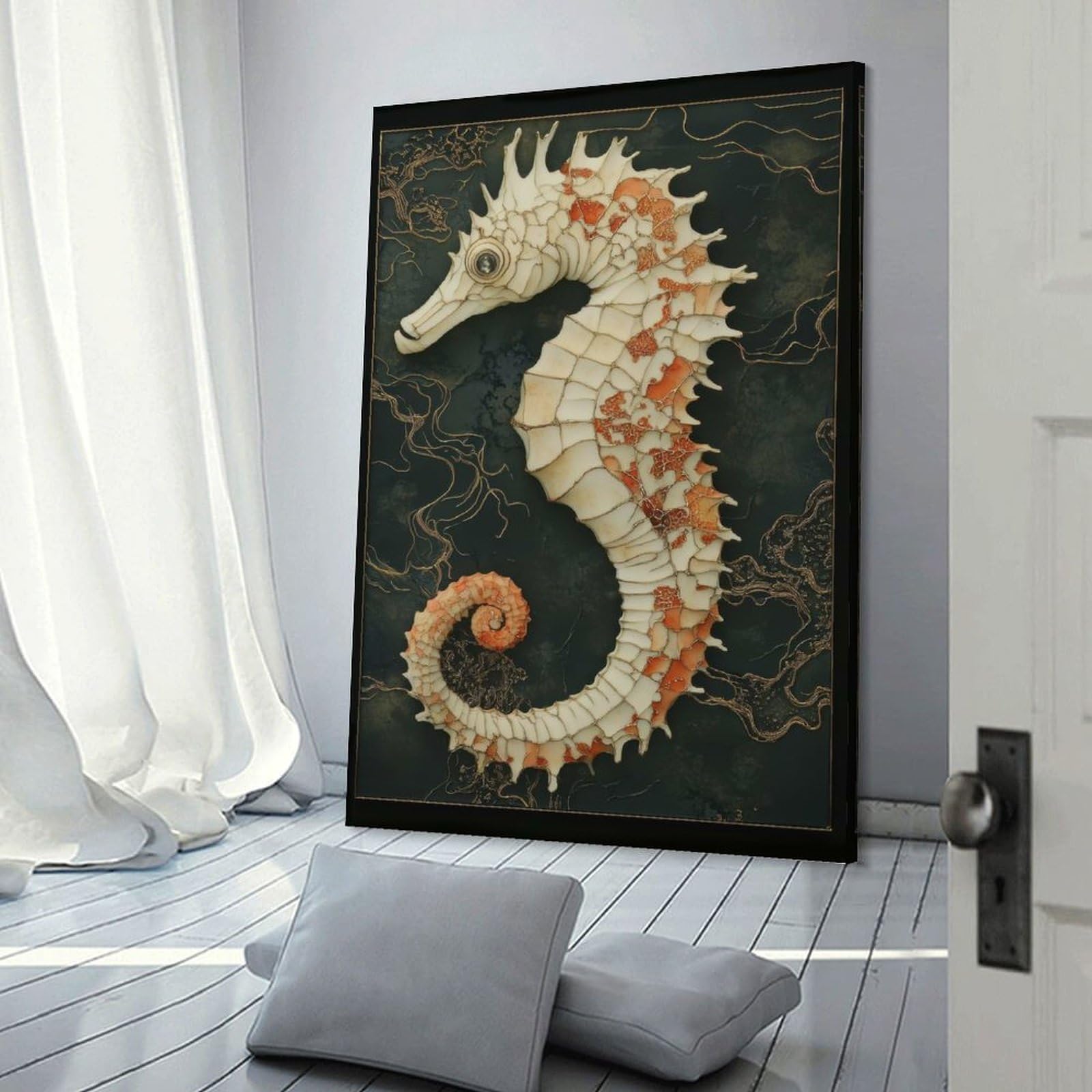 Junmoney Frame-Style-11 Seahorse Art Hanging Wall Art, 08X12inch(20X30cm), For Entrance Walls, Hall Decor Or Foyers, Wall Decor To Refresh Empty Corners