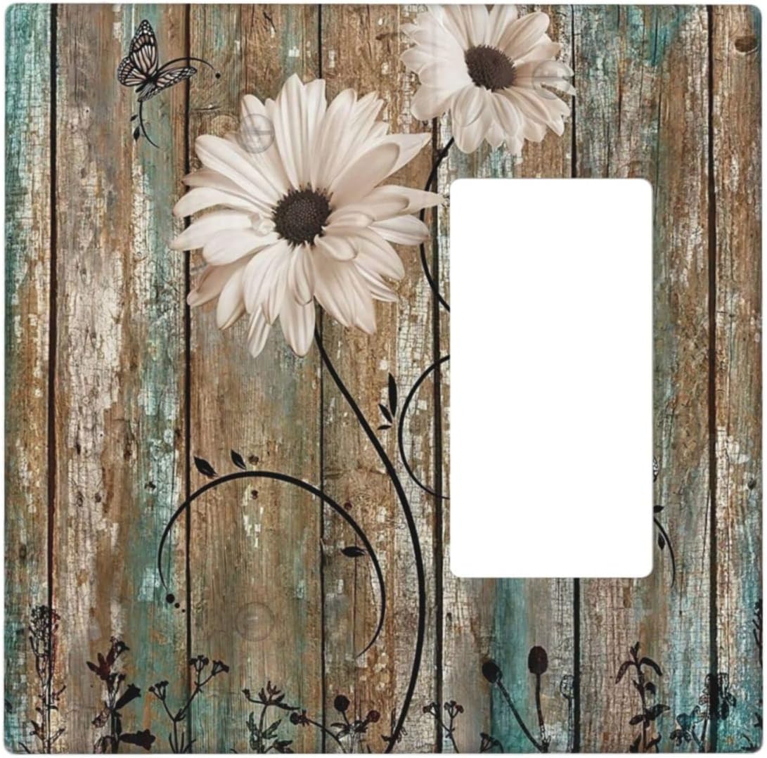 Rustic Daisy Flower Combination Wall Plate 2 Gang 1 Blank 1 Rocker Light Switch Cover Decorator Switch Plate Outlet Cover, 4.5 x 4.5 Inch