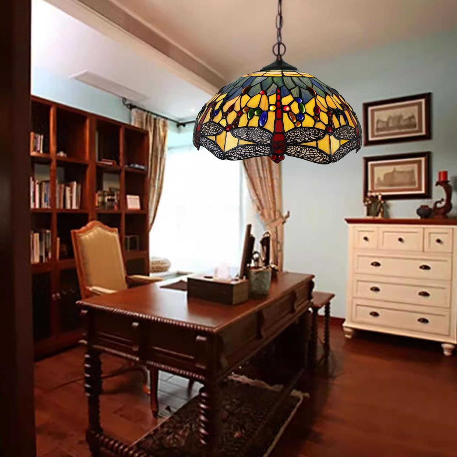 16 Inch Tiffany Style Stained Glass Lamp Shade Replacement Vintage Dragonfly Lampshades Only with Cap Fit for Bedside Reading Lamp Study Light Kitchen Lamp Dining Room Lamp Floor Lamp,Red