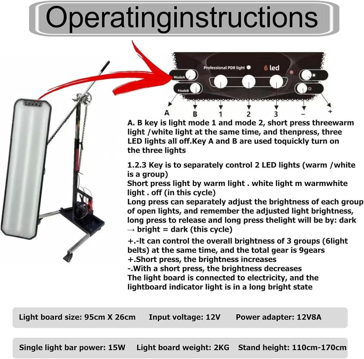 Heavy Duty PDR Light & 95×26cm Reflector Board Dent Repair Tools Set with Adjustable Stand/Pulley/Led Light,for Mobile Mechanic Body Shop- Battery Not Included,Black