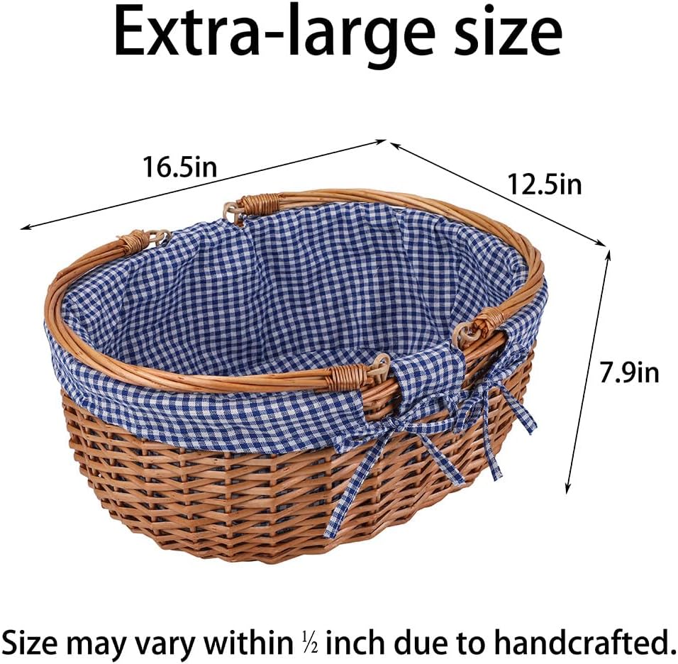 Large Wicker Picnic Basket with Handles,Handle Sturdy Woven Body with Removable and Washable Lining,Outdoor Camping,Gift Packing,Garden Picking, Storage.Blue - Image 3