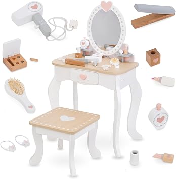 Mamabrum Kids Dressing Table for Girls with Mirror and Stool - Wooden Vanity Table and Chair with Accessories - Role Play Set Toy for Make Up Artist