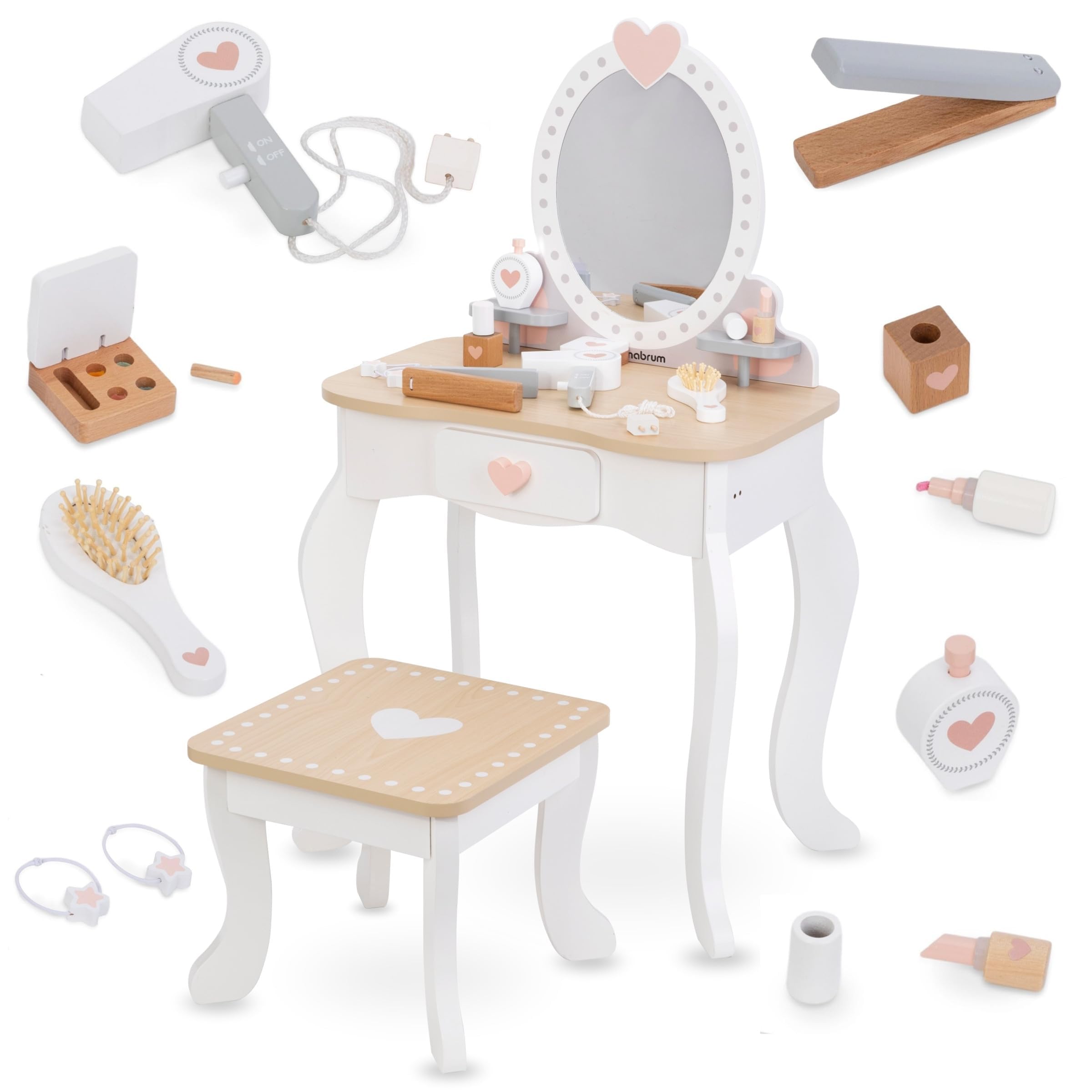 mamabrum Makeup Dreeser - Maquillaje de Madera Dresser para Niñas - Vanidad,Perfume, Esmalte de uñas, Cepillo, Lazos para el Pelo y Mesa de Maquillaje Estación de Maquillaje Niña Pequeña