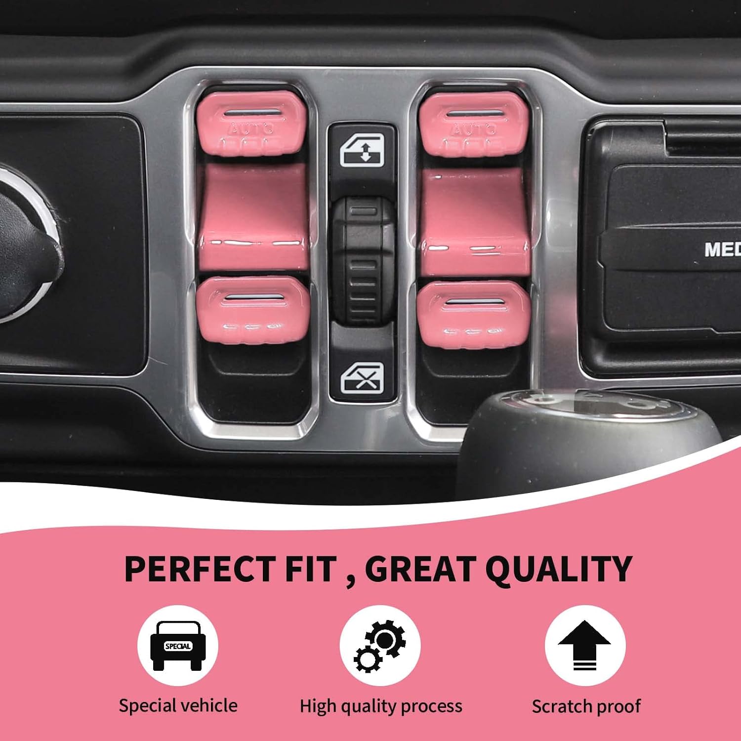 RAZPOY JL Window Switch Trim, 6PCS Center Console Window Button Cover Compatible with 2018-2023 Jeep Wrangler JL JLU & Gladiator JT, ABS Pink