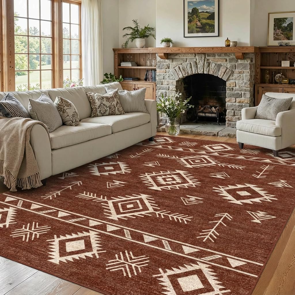 5x7 Area Rug Southwestern Tribal Geometric Rug with Non Slip Backing, Washable Low Pile Red Brown Cream Carpet for Bedroom, Living Room, Dining Room, Home Office