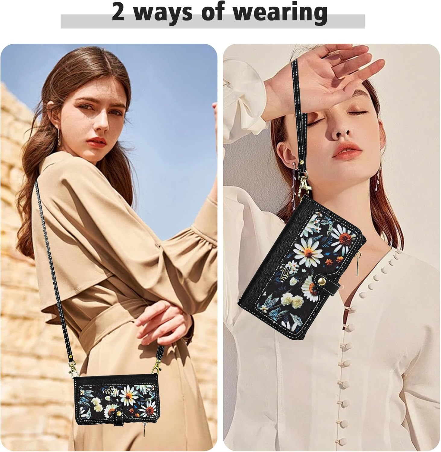 Floral Wallet Case for iPhone 17 Air 6.5 inch & Wrist/Shoulder Strap Flip Zipper Purse, Luxury PU Leather Credit ID Card Holder Stand Accessories Cell Phone Cover for i Phone17 i17 17Air Black