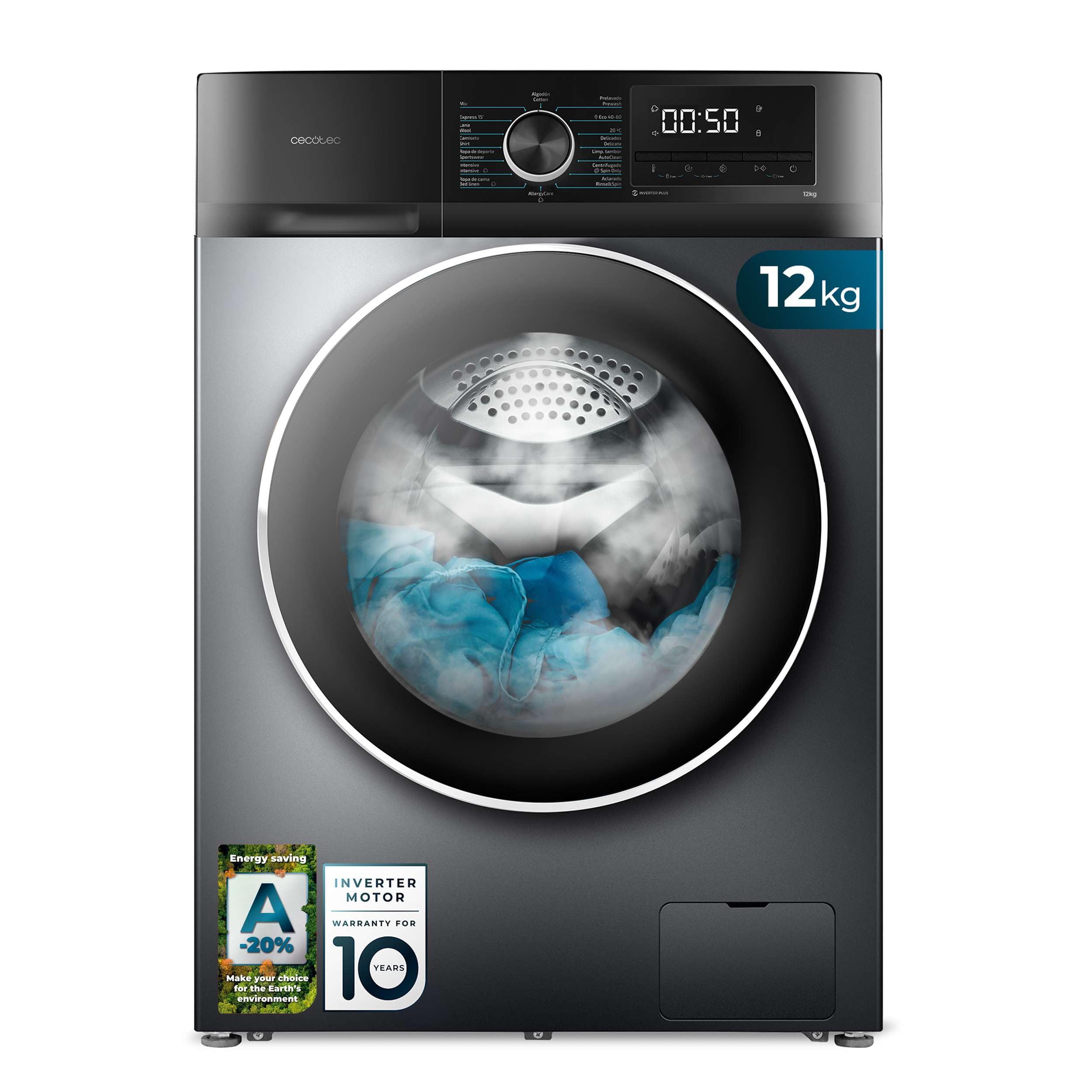 Cecotec Lavadora 12Kg Carga Frontal Bolero DressCode 12500 Inverter Steel. 1400rpm, 16 Programas, Clase A-20%, Bajo Consumo, Motor Inverter Plus, Vapor, Pearl Drum, Delay Start, Drum Clean y Stop&Go Etiqueta Energética