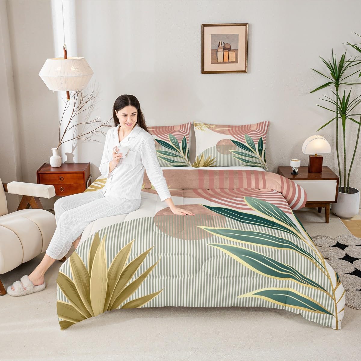 Erosebridal Mid Century Boho Bedding Set Queen Size Abstract Retro Minimalist Comforter Set for Girls Women,Modern Bohemian Aesthetic Bedding Comforter Sets Simple Quilt,Pink Green image 2