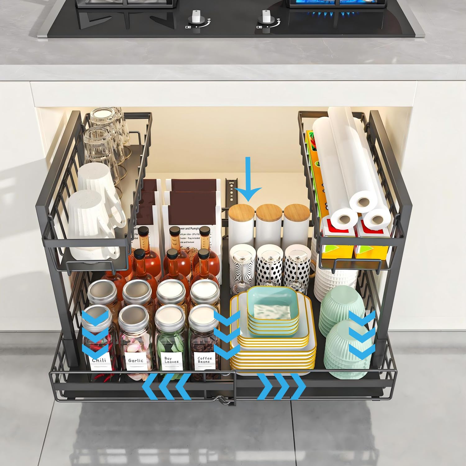 YunNasi 2 Livelli Cassetto Estraibile per Cucina, Cestelli Sottolavello, Portaoggetti e Organizzazione della Cucina, Organizzazione Sottolavello Multiuso per Bagno, Armadio, Credenza (Nero)