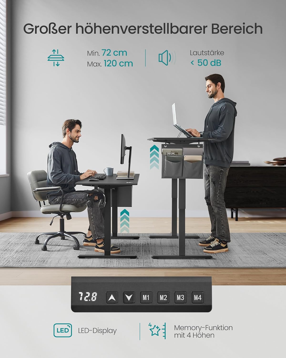 Image showing a person adjusting the height of the desk, with a close-up of the control panel displaying height and memory buttons.