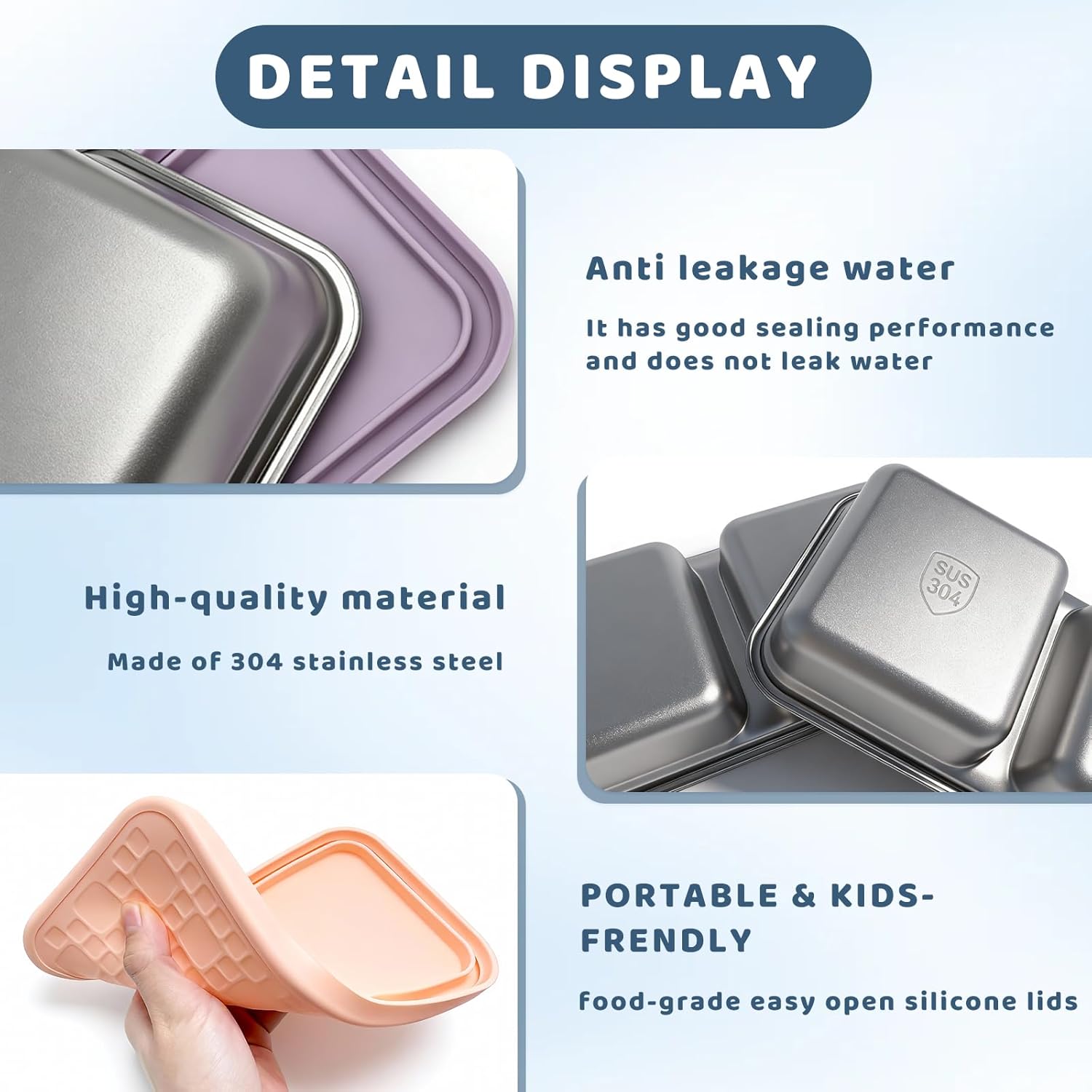 3 Pack 15 oz Stainless Steel Snack Containers for Kids, Reusable Metal Snack Containers with Silicone Lids, 2 Compartment Stackable Metal Toddler Lunch Box for Daycare, School and Outdoor - Image 5