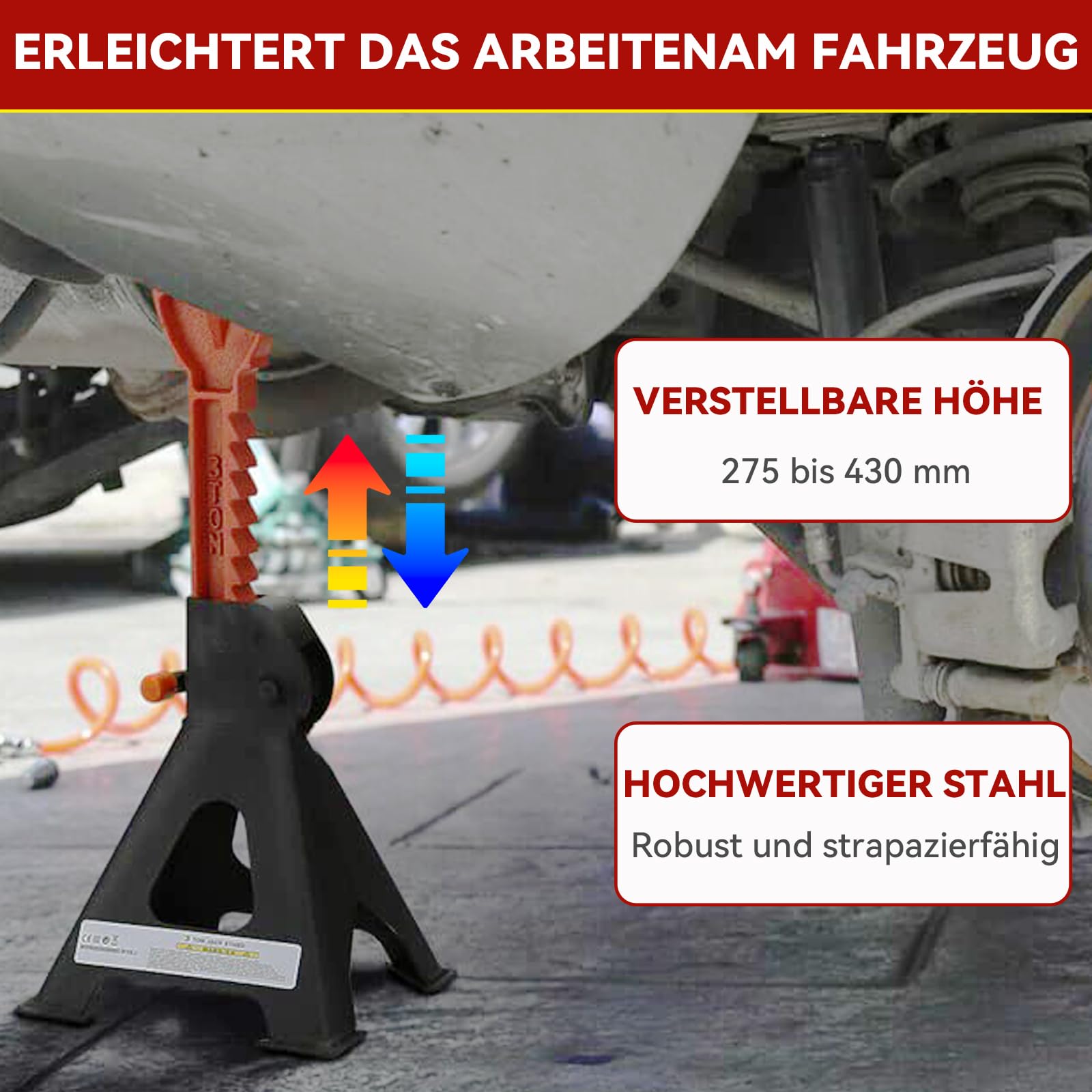 Warmfay 4er Set Unterstellböcke 3T KFZ mit Sicherungssplint & Gummiauflagen, 275-430mm 10 Stufig Höhenverstellbar Wagenheber Stützböcke Ständer, Profi Reifenwechsel Abstellbock Auto PKW Wohnmobil