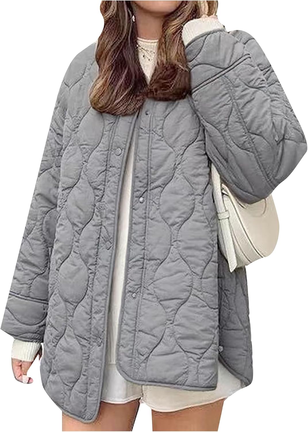 WIWIQS Women Quilted Jacket Padded Oversized Long Sleeve Coat Lightweight Warm Puffer Jackets with Pocket