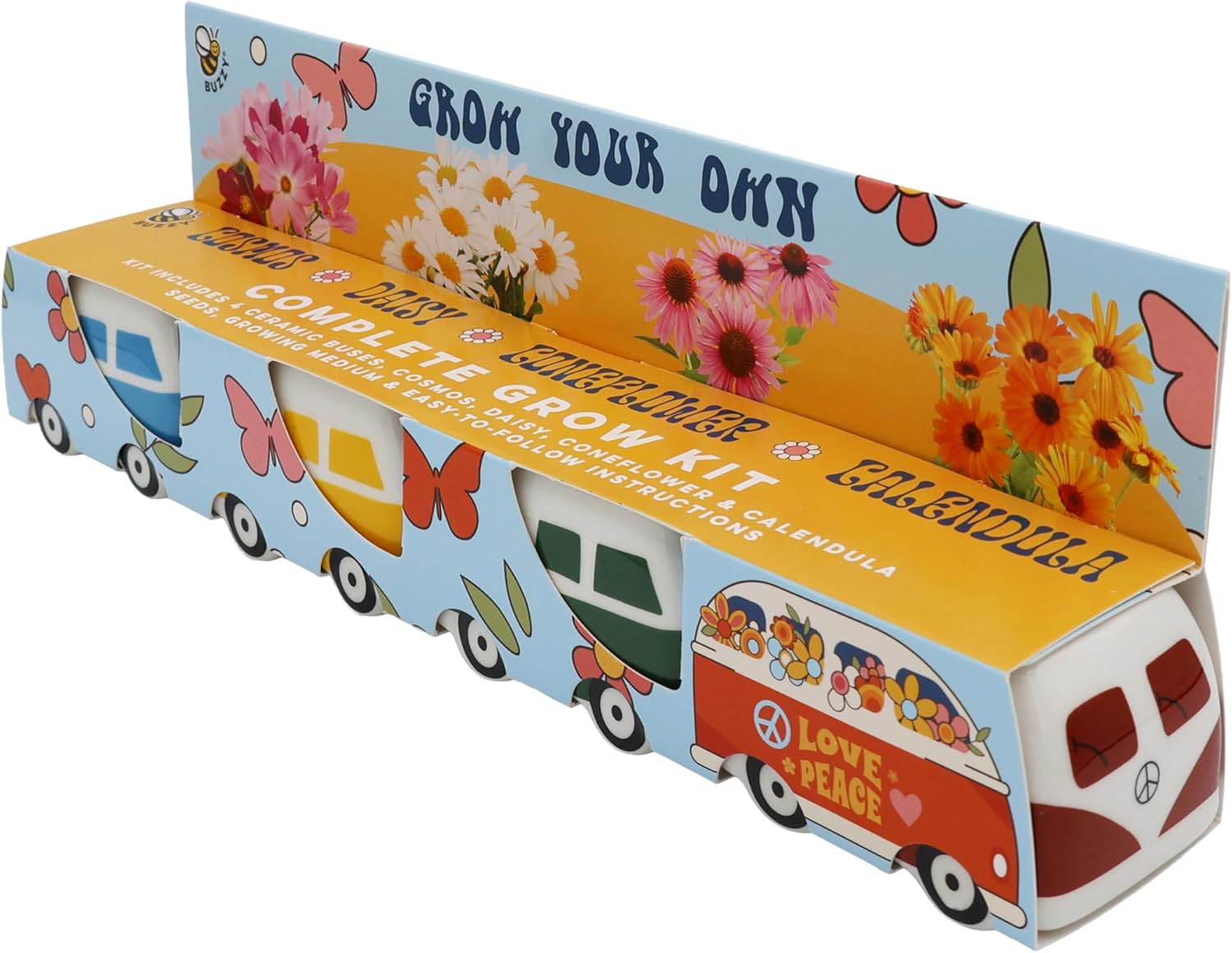 BUZZY Seeds Mini Ceramic Flower Bus Grow Kit, 4-Pack – Colorful Retro Bus Planters with Daisy, Cosmos, Calendula & Coneflower Seeds, All-in-One Seed Starter Gift Set