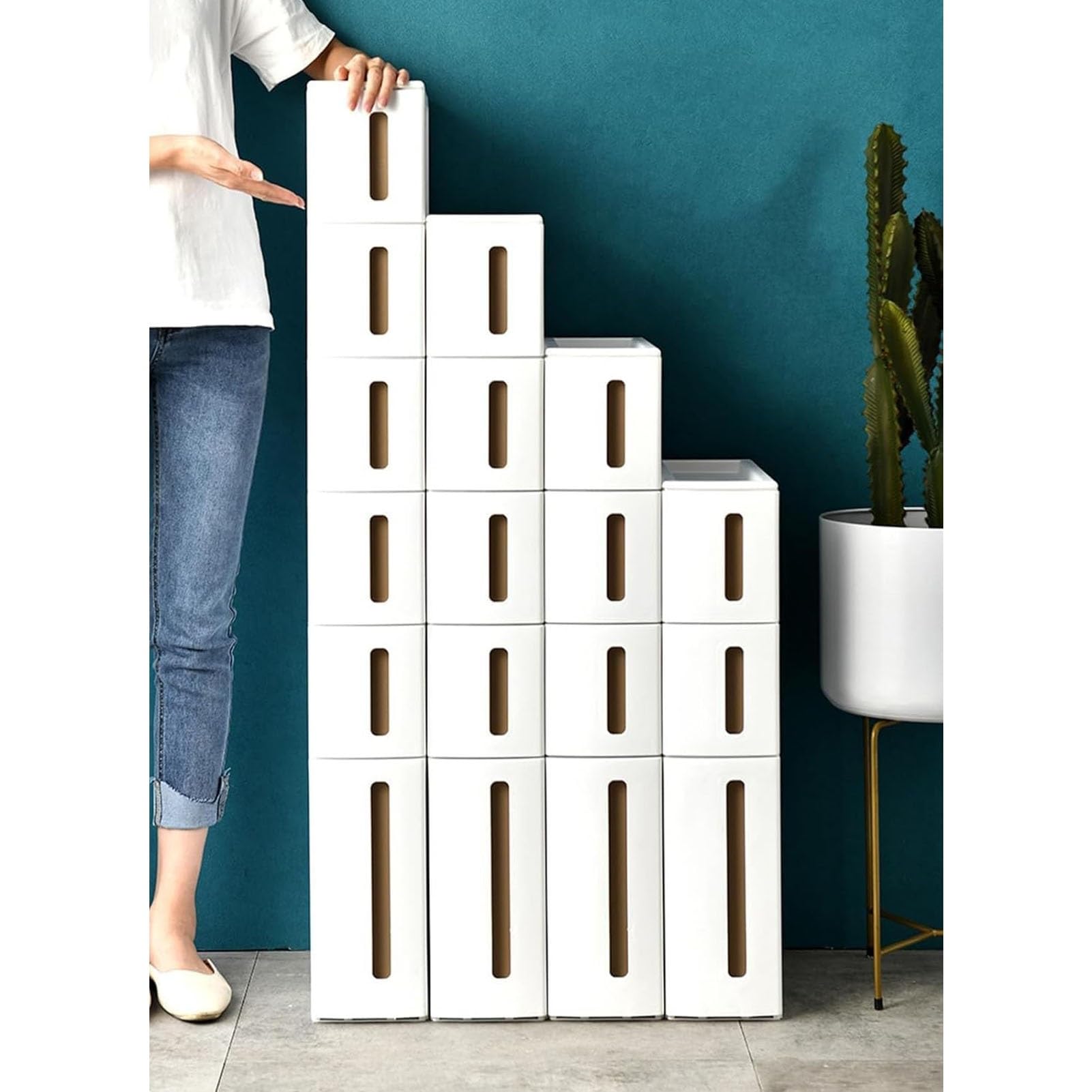 Fodalob Tour de Rangement, Colonne de Cuisine étroite, étagère en Plastique de Rangement for Commode Verticale à 3/4/5 Niveaux avec tiroirs for Petit Espace, Gain de Place(4-Tiers)