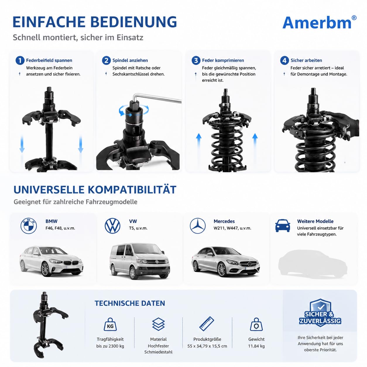 Profi McPherson Federspanner 2300kg – Universal Federbeinspanner Set für KFZ Stoßdämpfer & Fahrwerk – Sicher für Schraubstock – Kompatibel mit BMW, VW, Mercedes W211 W447