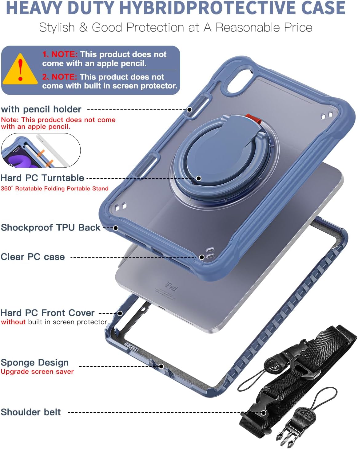 BRAECN for iPad (a17 pro) Mini 7/Mini 6 Case 2024/2021 8.3 inch with Pencil Holder Protective Clear Ring Handle 360 Rotating Stand Shockproof Dropproof Rugged Carrying Shoulder Strap Kids Friendly - Image 3