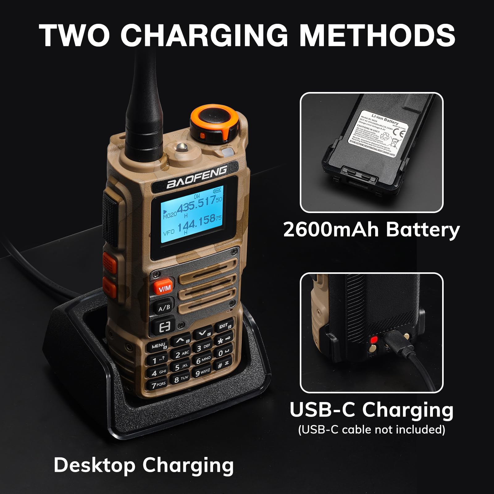 BAOFENG Walkie talkie K63 6W, przenośne radio amatorskie UHF/VHF/1,25 m, AM/FM, bateria 2600 mAh, 999 kanałów, bezprzewodowe kopiowanie częstotliwości, odwrócona częstotliwość repeatera, kamuflaż