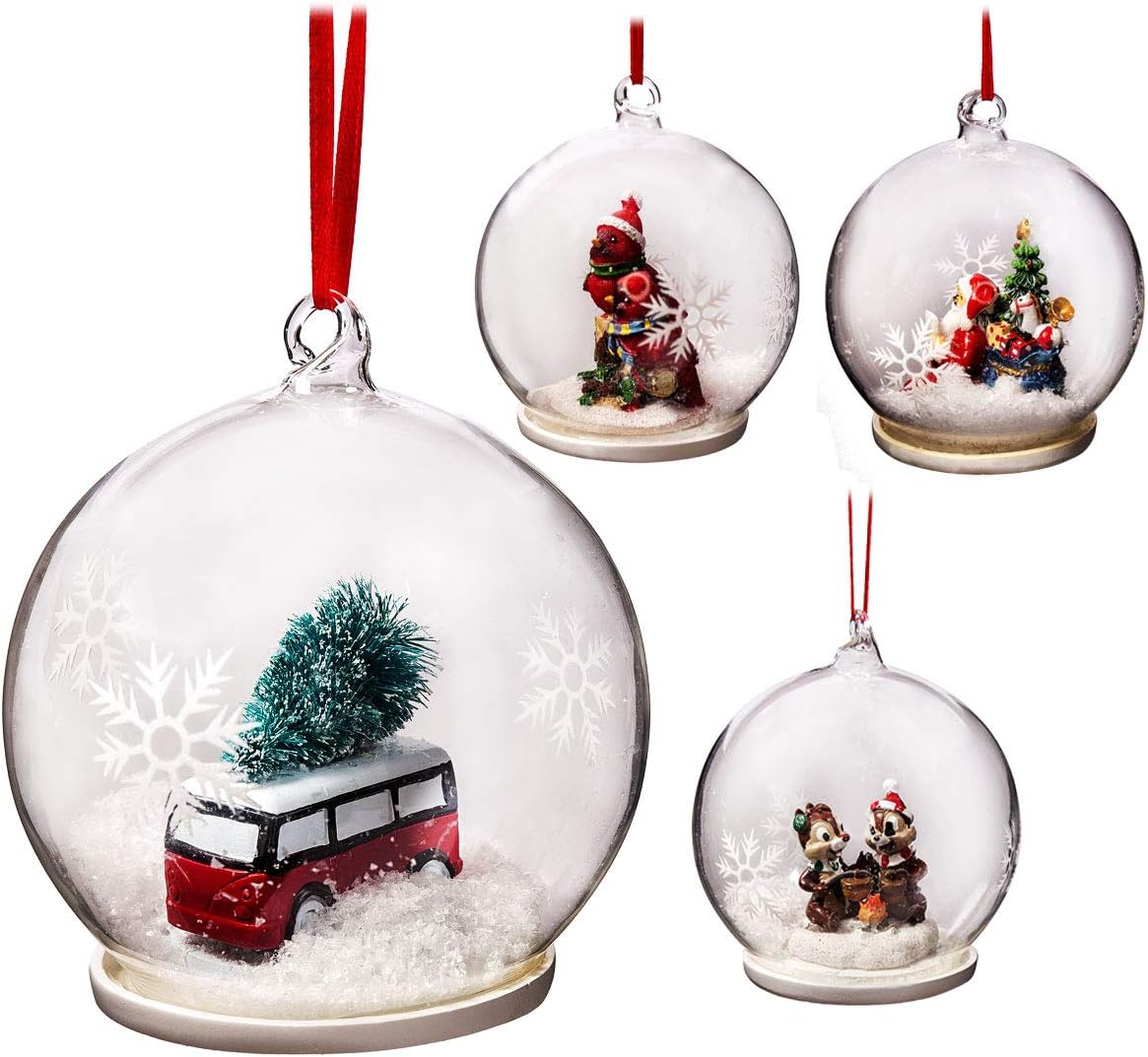 Handmade 9cm Christmas Baubles Ball Glass Ornaments 4 PIECE SET, Winter Clear Christmas Tree Ball Decorations