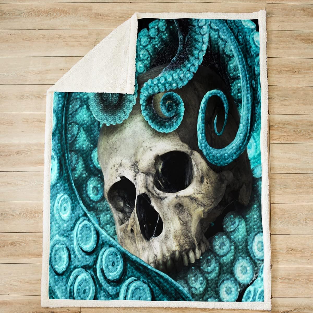 Skull Fleece Throw Blanket - 50"x60" for Bed, Sofa, Couch - 3D Print Octopus Skeleton Sherpa Decorative Horror Ocean Marine Life Plush Blue Soft Fuzzy Blanket