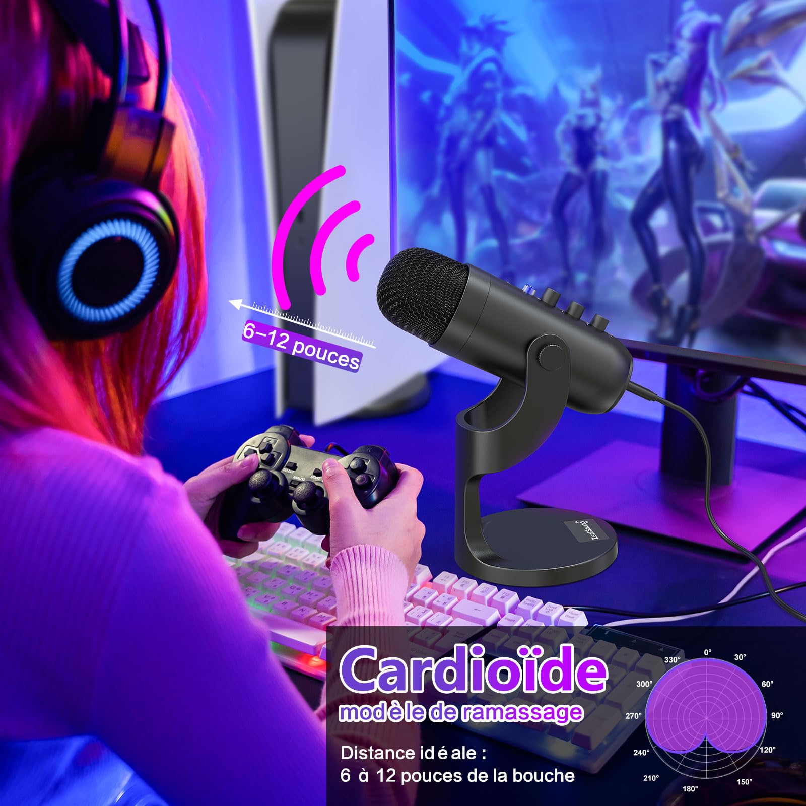 ZealSound Micro Podcast USB à Condensateur - Réduction du Bruit Microphone pour PC, téléphone & iPhone, avec Muet, Gain & Echo, pour Gaming, Streaming, Enregistrement, Twitch, Mac, Windows et PS5, K66