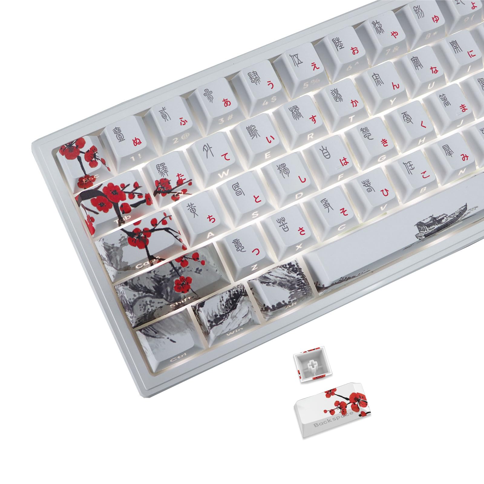 JSJT Japanese Keycaps Side-Printed Keycap Set PBT Doubleshot Shine Through Custom Keycap Cherry Profile Plum Blossom Key Caps 135 Keys for Cherry MX