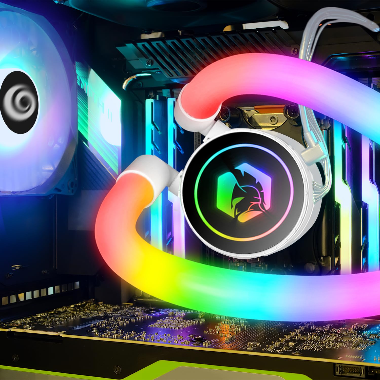 EMPIRE GAMING Guardian P-W240 AIO Liquid CPU Cooler installed inside a PC case, showing the illuminated pump and tubing.