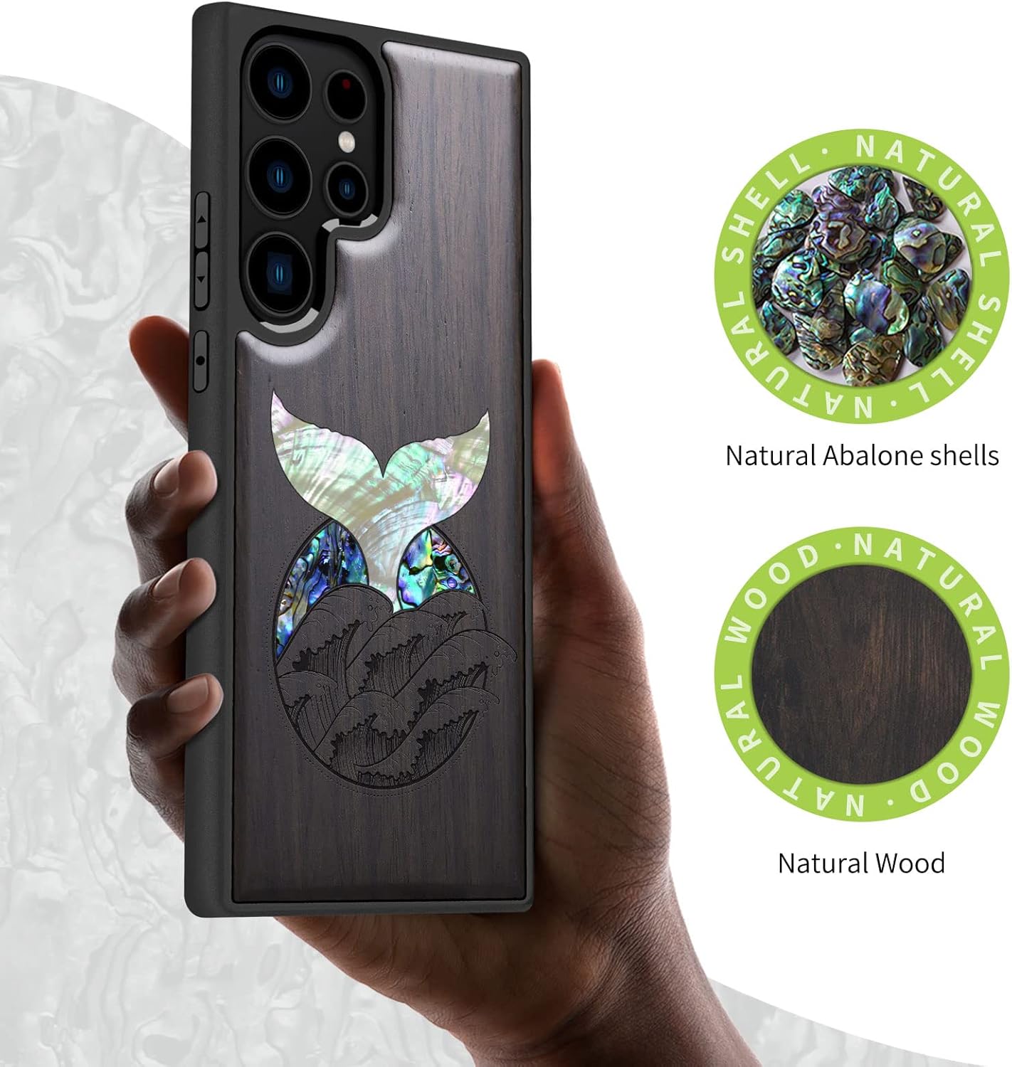 Carveit Designer Wooden Case for Samsung Galaxy S23 Ultra Cover [Wood Engraving & Shell Inlay] Wood Phone Case Compatible with Wireless Chargers Galaxy S23 Ultra Case (Whale Tail-Blackwood)