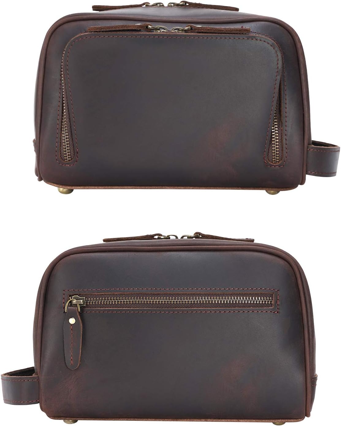 Polare Vintage Full Grain Leather Handmade Travel Toiletry Bag for Men - Dopp Kit - Shaving Kit with YKK Metal Zippers A-Dark Brown - Image 3