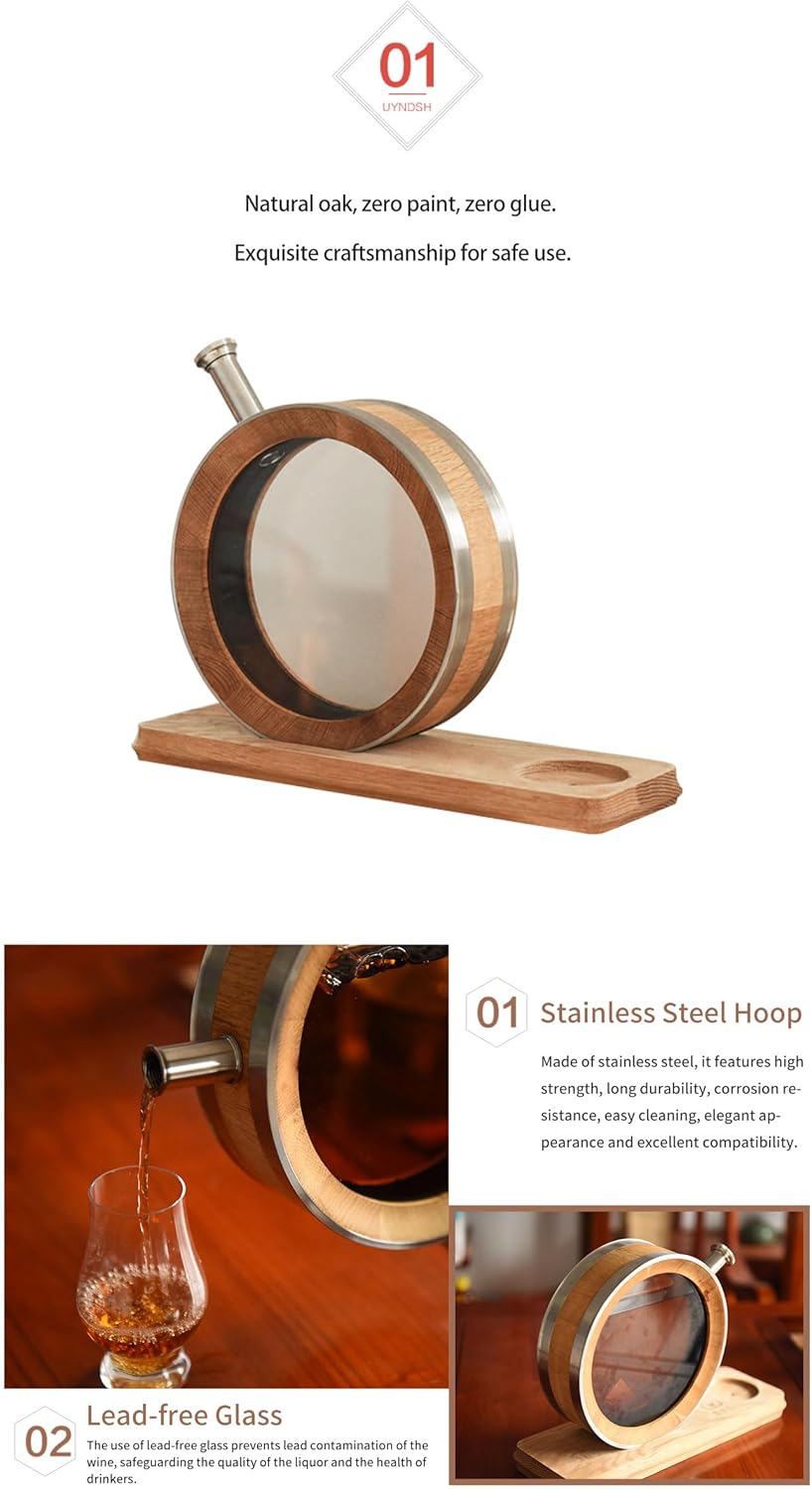 New HTJ 800ML Oak Barrel Aging Barrel Oak Barrel Wine Barrel Charred Oak Barrels for Aging Whiskey Bourbon Cocktails Rum Decanter For The Home Brewer, Distiller. (800ML French oak barrel)