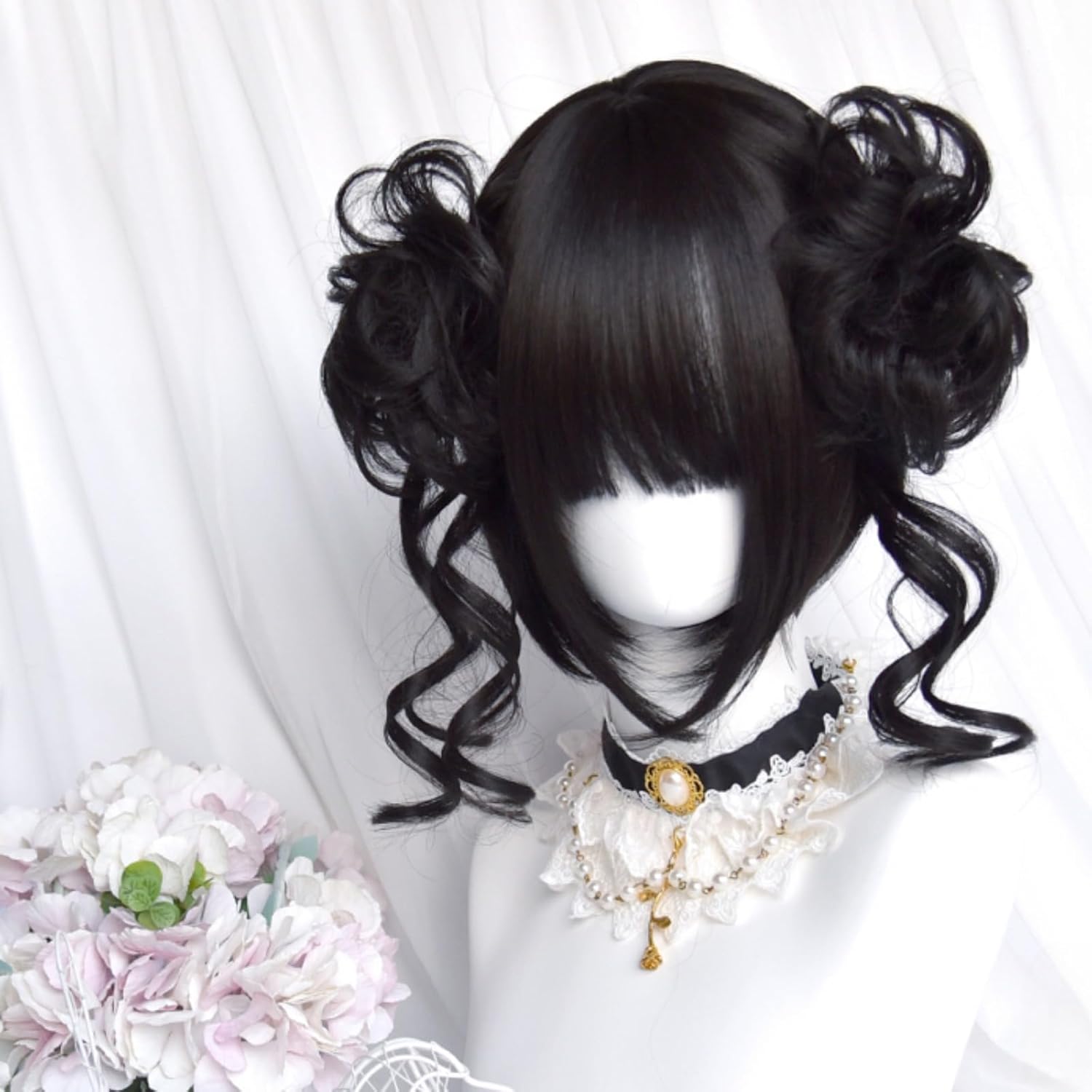 SCORRO Short Bob Wig with 2 Removable Claw Clip Curls Buns, Black,Pink Brown, Blonde Daily Wig, Chinese Style Cute Lolita Wig Cosplay Wigs for Women (Black,Bob+Buns)