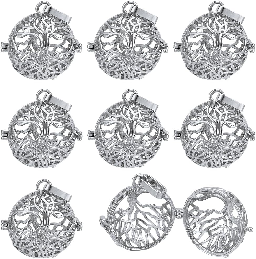 SUNNYCLUE 10Pcs Cage Charms Brass Locket Charms Silver Hollow Openable Tree of Life Aromatherapy Essential Oils Round Ball Pendants Charm for Jewelry Making Charms Women DIY Keychain Necklace Crafting