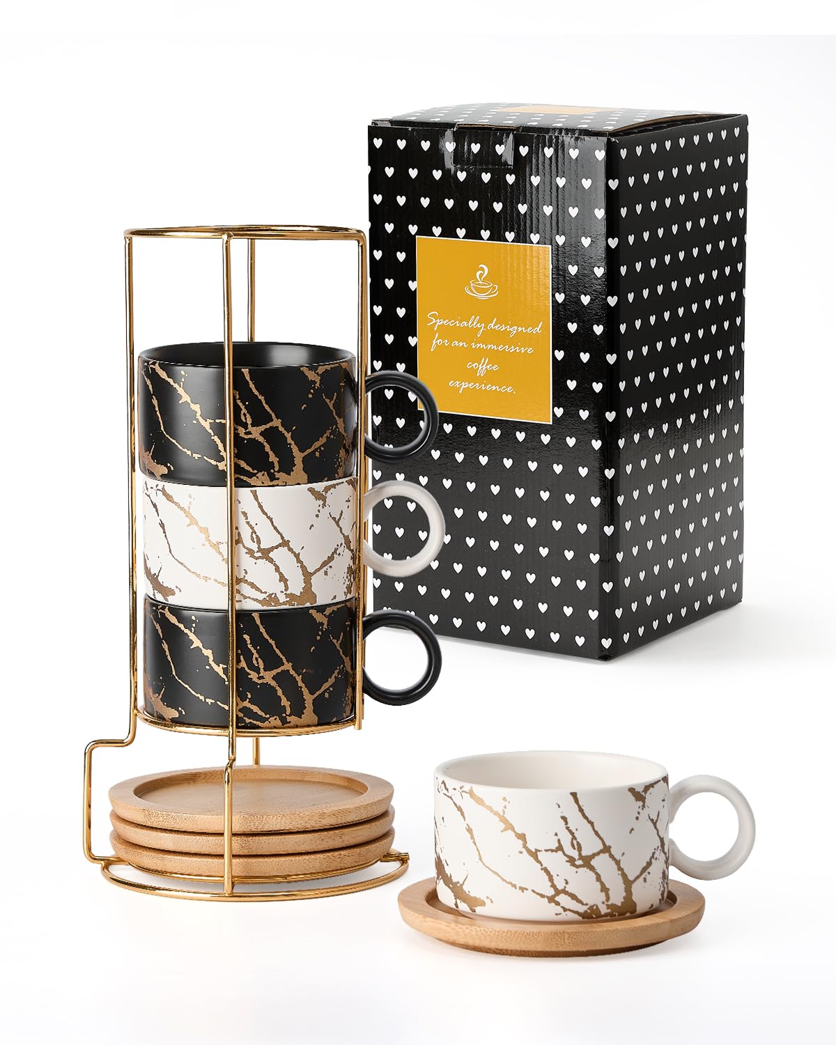 HOME DECOR Stackable Ceramic Coffee Cup -160ml Espresso Cups Set of 4 with Wood Saucers and Metal Stand for Double Espresso, Cappuccino and Latte Macchiato - Marble Collection