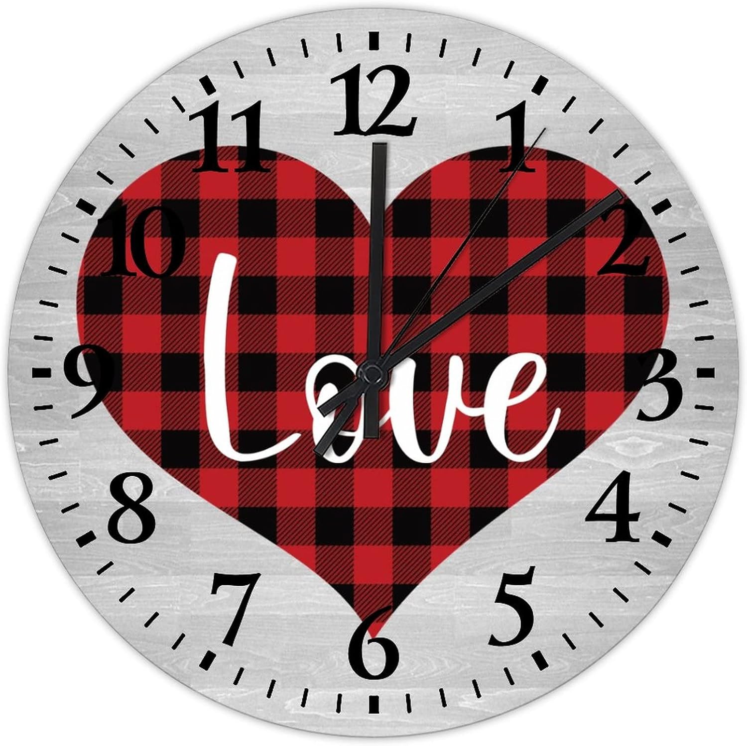 Valentine's Day Love Wooden Wall Clock 15 Inch, Buffalo Red Plaid Love Quote Cool Room Decor Quality Quartz Non Ticking Round Arabic Numbers Clock for Kids Room and Kitchen