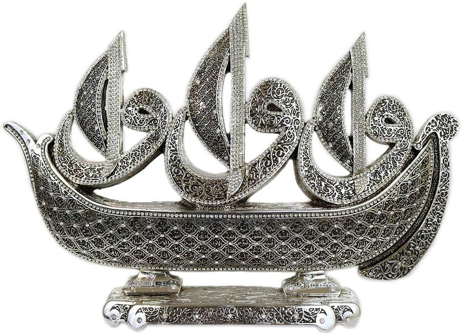 Modefa Islamic Turkish Table Decor Showpiece Gift Sculpture Figure Arabic Waw Sailboat 99 Names of Allah (Silver)