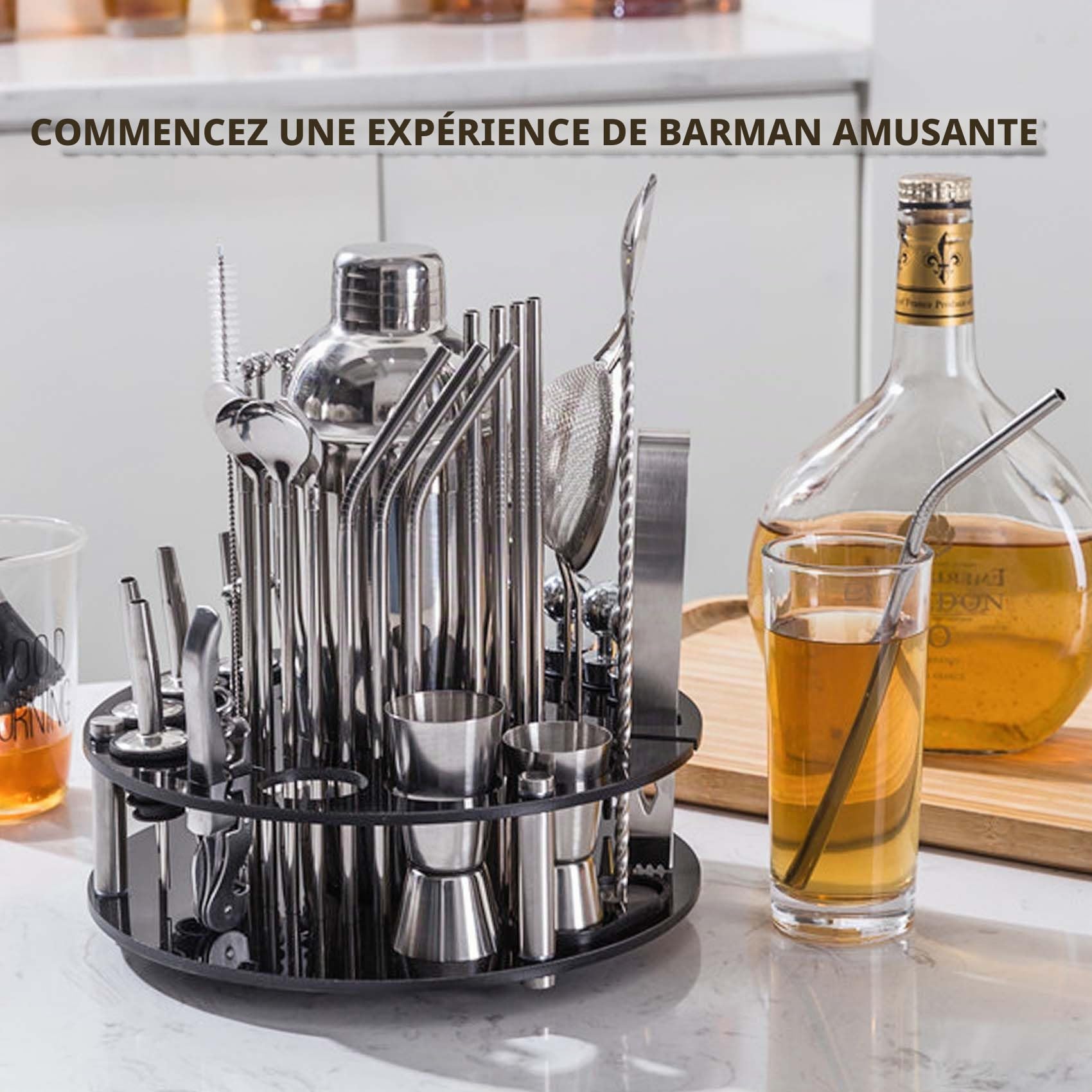 Set de Cocktail CKductpro,41 pièces en Acier Inoxydable,Support Rotatif à 360° en Acrylique,Kit de Barman Bar Gift Set