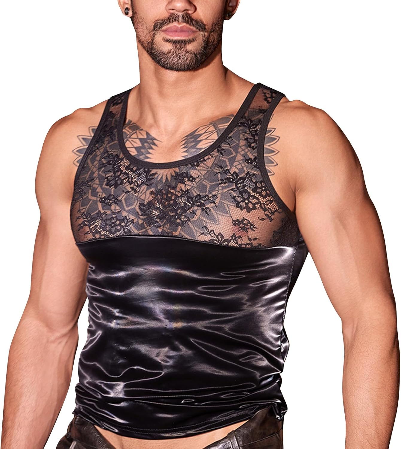 Mens Lace Tank Tops Sexy Sheer Vests See Through Sleeve Shirts