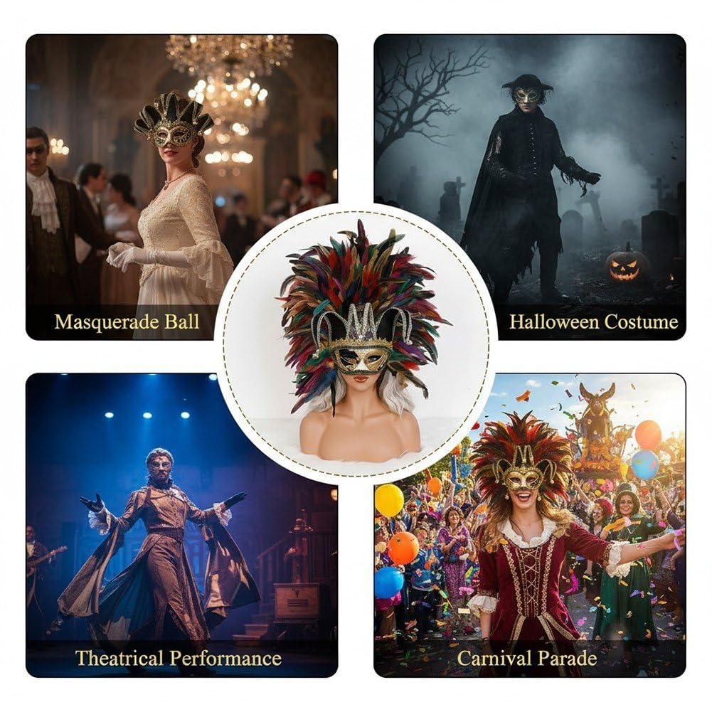 Maska wenecka z piórami z dzwoneczkami, zabawna półmaska na Halloween, karnawał i imprezy kostiumowe.