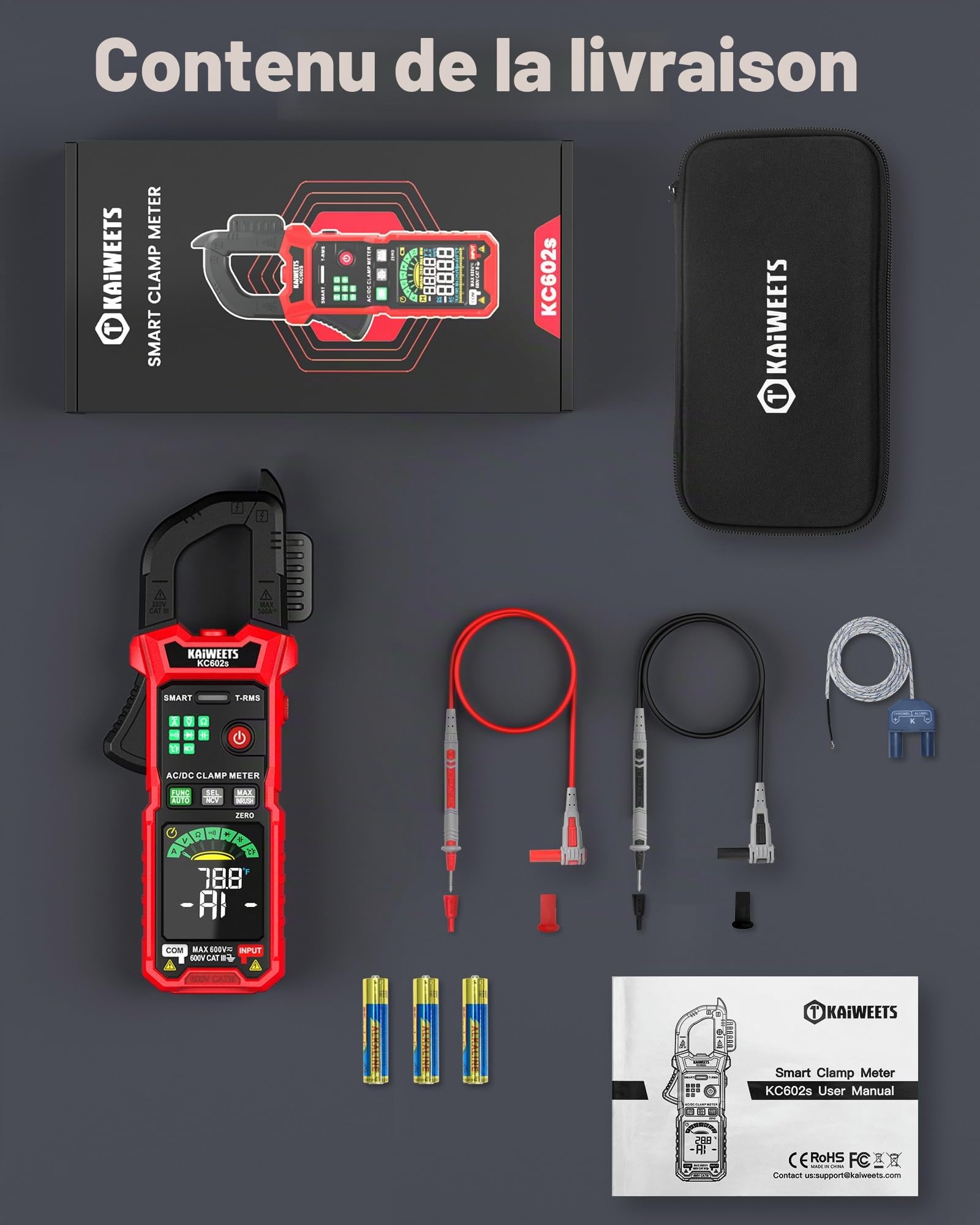 KAIWEETS Pince ampèremétrique 600 A TRMS, pince de mesure numérique avec mesure automatique, 6000 points, courant et tension CA/CC, NCV, courant d'appel, résistance, capacité, température, test de