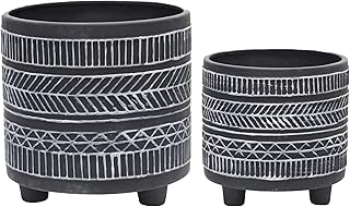 Set of 2 Tribal Look Footed Decorative Planter Pot – Ceramic Stoneware O...
