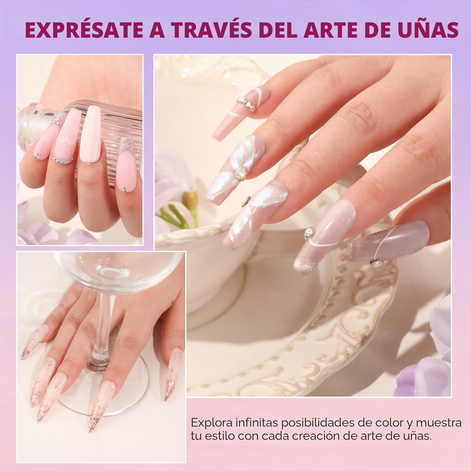 Aokitec Juego de 14 uñas en polvo de inmersión, color rosa magenta y polvo acrílico con base de inmersión activador para brochas, set de iniciación para uñas