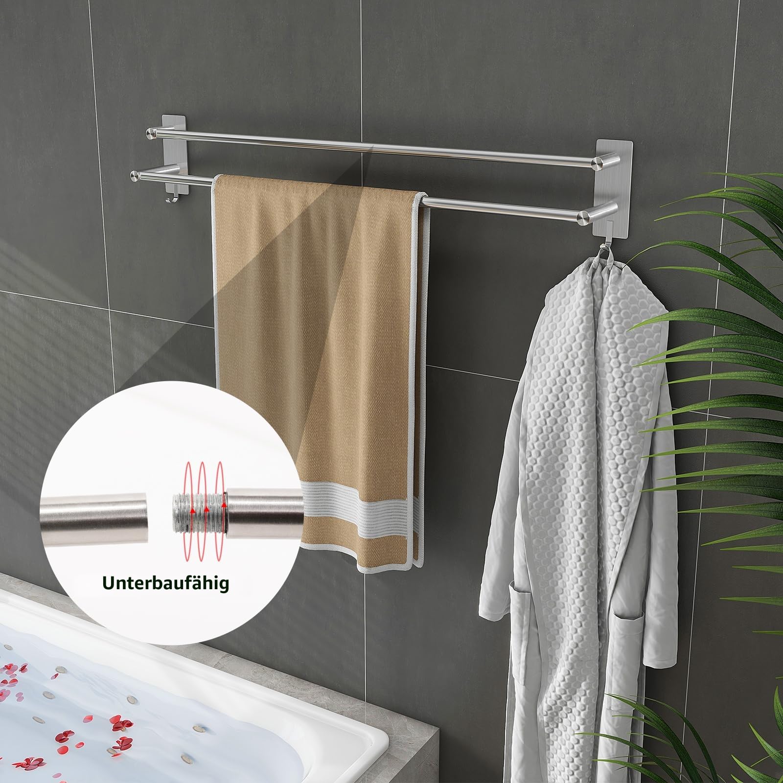 JS Handtuchhalter Ohne Bohren SUS304 Edelstahl Handtuchhalter Wand 80CM Doppelstange Handtuchstange Handtuchregal mit 2 Haken, Multifunktional Badehandtuchhalter Badezimmer Selbstklebend
