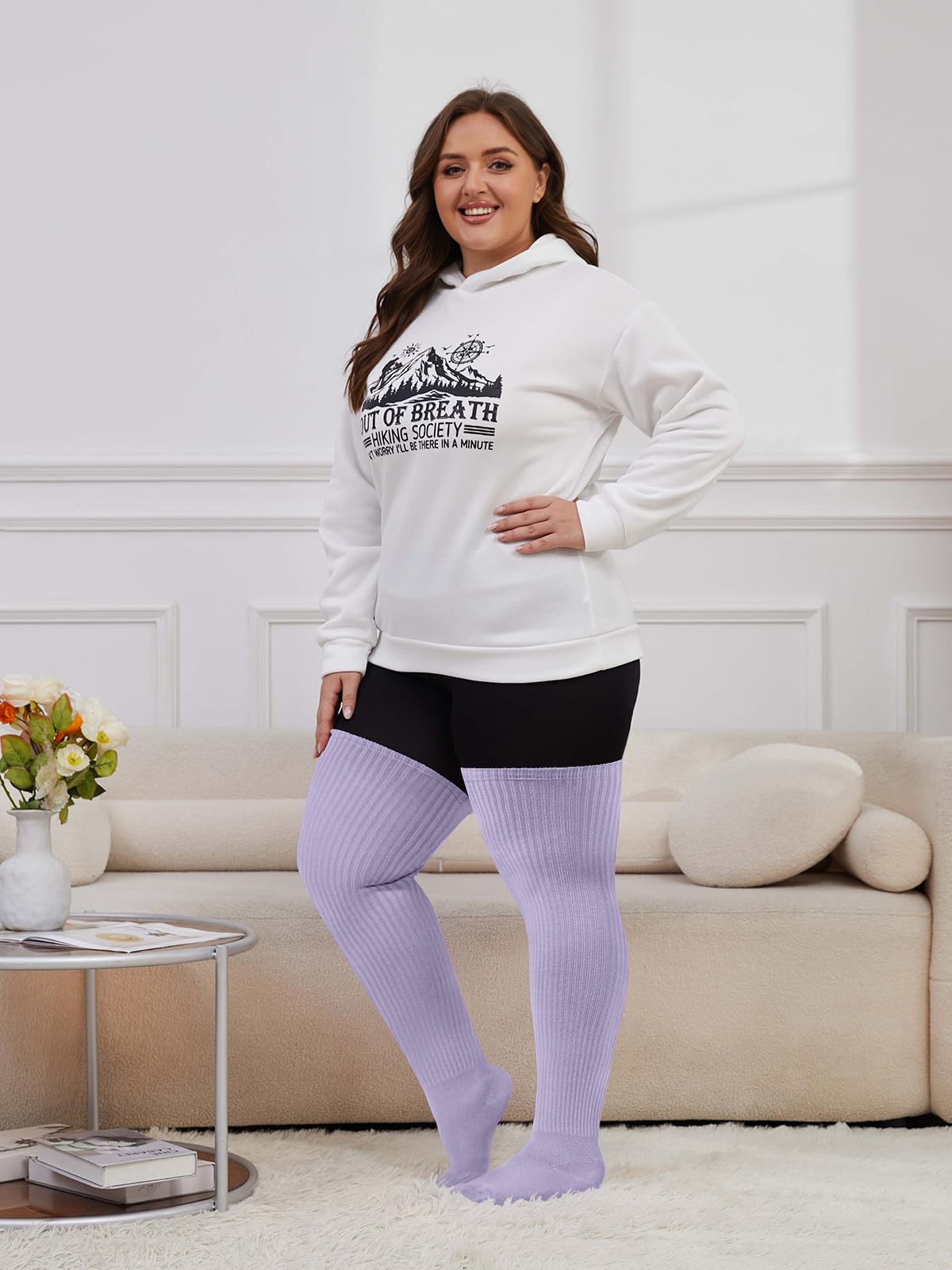 Moon Wood Plus Size Thigh High Socks for Thick Thighs- Womens Knit Cotton Extra Long Over the Knee High Socks Leg Warmer: One Size Plus Light Purple