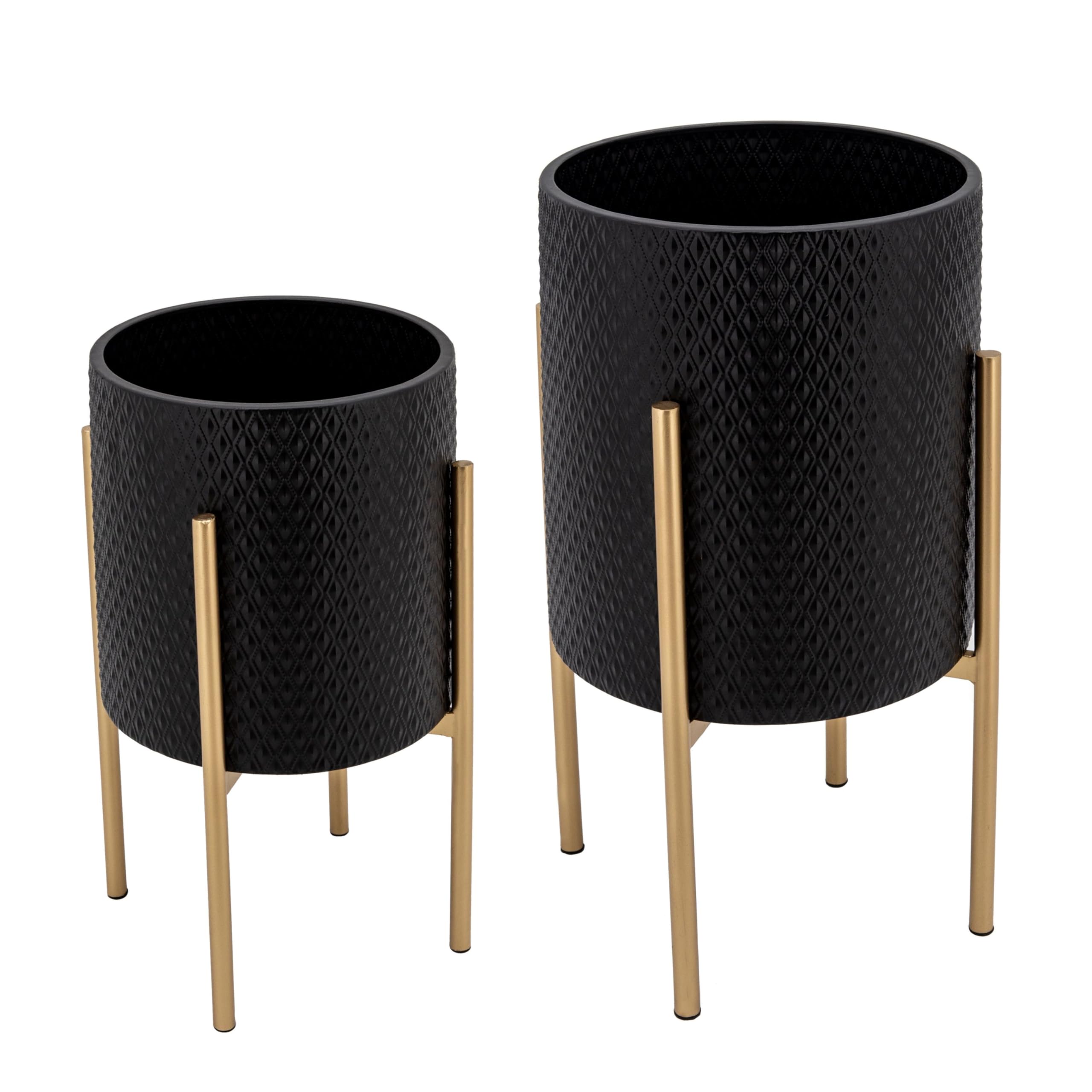 Decorative Flower Pots with Metal Stand for Home Decor - Modern Planters for Hallway, Entryway, and Living Room Decor - Indoor and Outdoor Pots for Plants - Set of 2, 23", 19", Black & Gold
